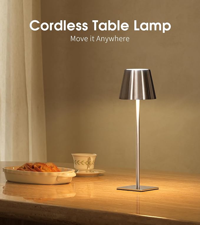 UME 3 Pack Cordless Table Lamp, Battery Operated Lamp - Portable Waterproof Rechargeable Table Lamp w/ 3 Color Temps & Stepless Dimming for Dinner, Desk, Cafe, Outdoor (Brushed Silver) - Image 2