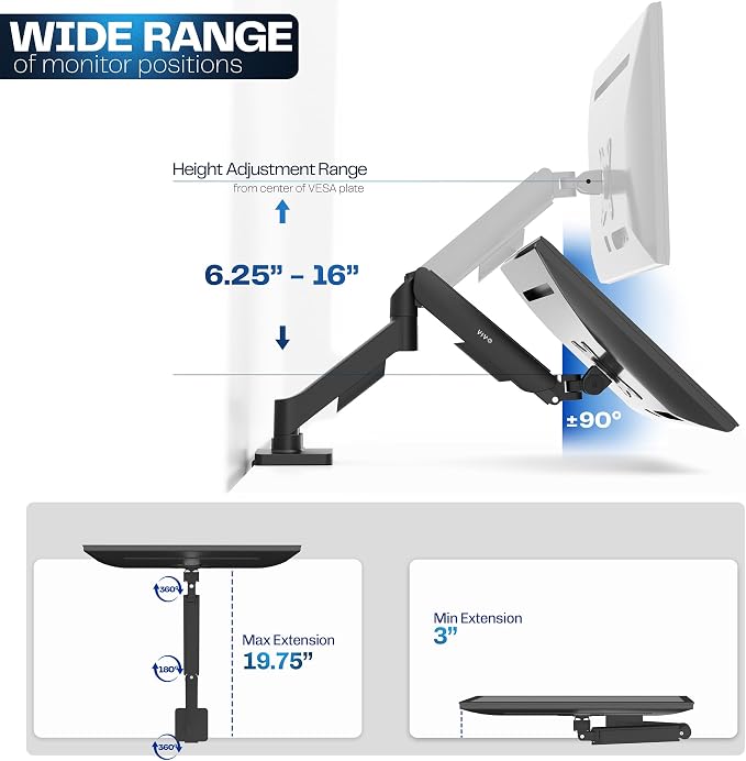 VIVO Single Monitor Stand, Fully Adjustable Arm for 17 to 32 inch Screen, Mechanical Articulating Desk Mount, Gaming and Office Setups, VESA 75x75, 100x100, Max 19.8 lbs, Classic, Black, STAND-V001O - Image 5