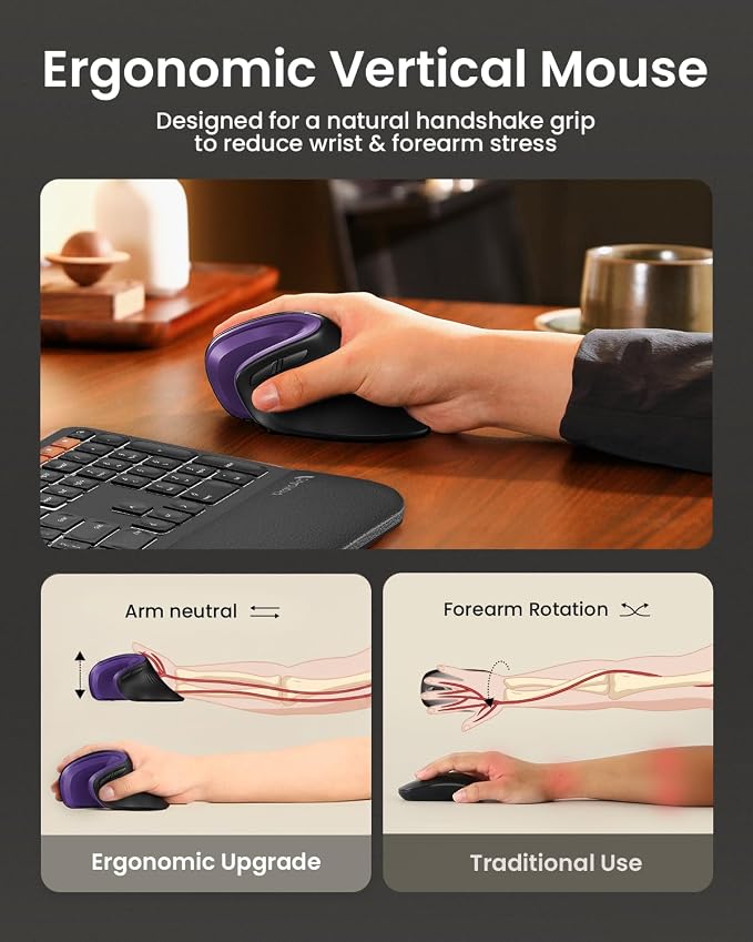 ProtoArc EM11 NL Wireless Ergonomic Mouse, Rechargeable, Black Purple | 58° vertical design supports a natural wrist posture, connect 3 devices via Bluetooth/2.4G USB-A, 500mAh USB-C rechargeable. - Image 6
