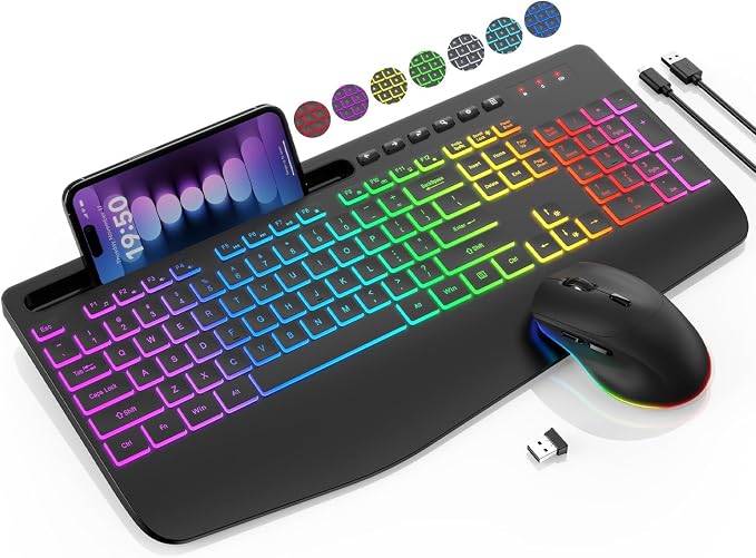 Wireless Keyboard and Mouse Combo - 9 Backlit Effects, 2.4GHz | Ergo Wrist Rest, Phone Holder, Full Size, Rechargeable, Sleep Mode, KM22 MAX Quiet Set for Computer, PC, Laptop, Mac, Windows by SABLUTE