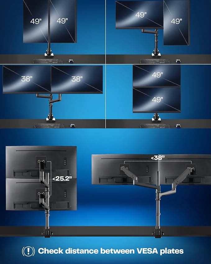 VIVO Pneumatic Arm Dual Ultrawide Monitor Extra Tall Desk Mount for Up to 49 inch Screens, Heavy Duty Clamp, Holds 2 Ultra Wides Up to 44 lbs, Black, STAND-V120K - Image 4