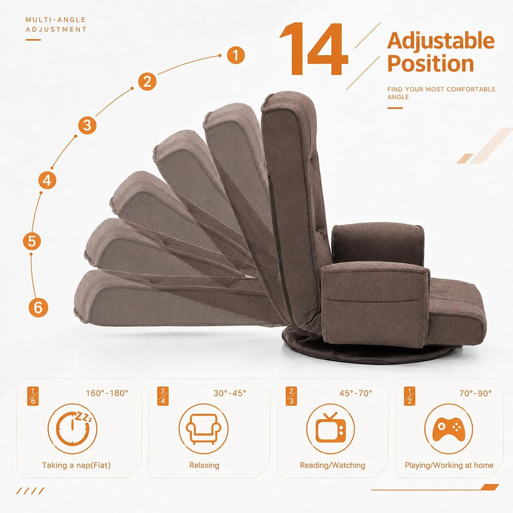 360° Swivel Floor Chair, Adjustable Reclining Floor Gaming Chair with Armrests, Linen Fabric Folding Lazy Sofa Chair, Multi-Position Floor Prayer Chair for Meditation Reading Napping, Brown - Image 6