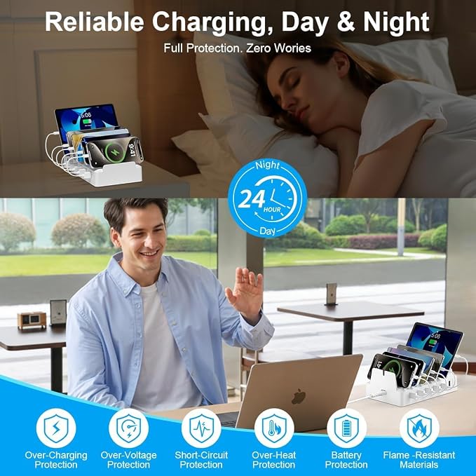 Charging Station for Multiple Devices, 6 Port USB Desktop Charger Dock Compatible with iPad, Samsung, Android, Tablet, Family Multi Phone Charging Organizer with Divider Holders, Fireproof ABS (White) - Image 11