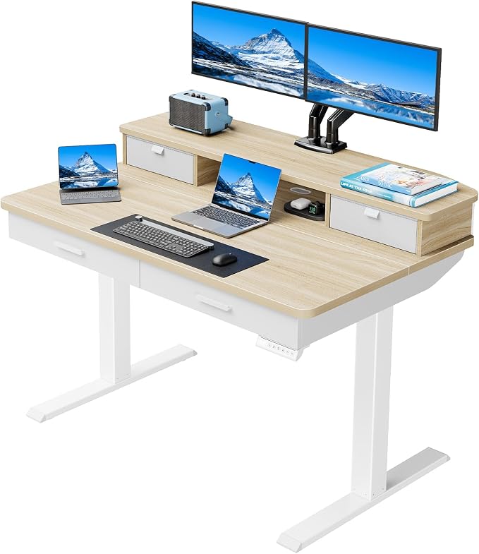 HUANUO 48 x 30 inch Electric Standing Desk with 2 Wood Drawers, Adjustable Height Sit Stand Desk for Home Office, Ergonomic Stand up Desk with 4 Memory Presets, 176 lbs Capacity, Natural Top by HUANUO