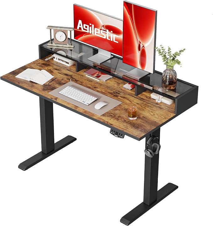 Agilestic 48*24 Inch Electric Standing Desk with Glass Shelf, Rustic Brown | Electric Height Adjustable, 2 Storage Drawer, Monitor Stand, Sturdy Steel Frame, Memory Presets, Hooks, 154 lbs, Splice Board by Agilestic