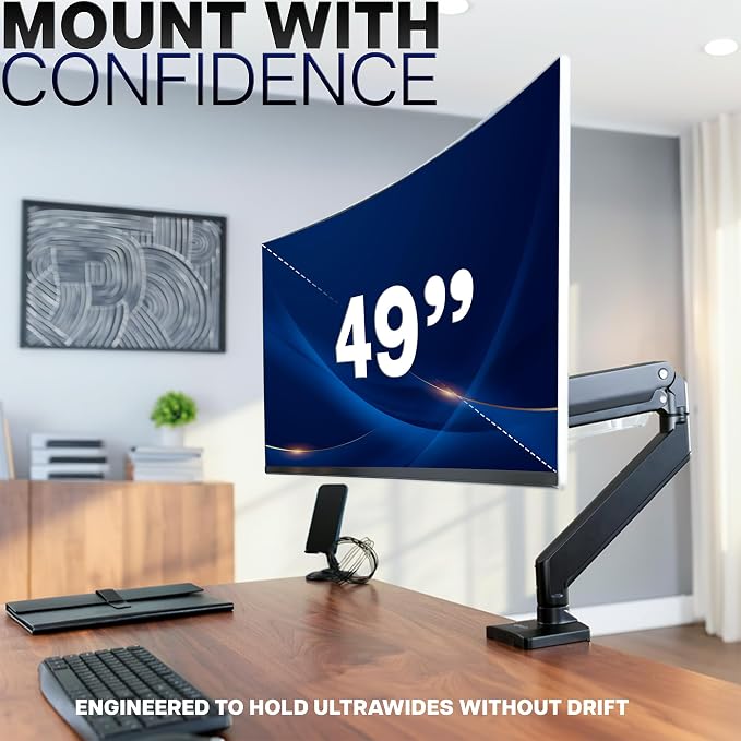 VIVO Premium Aluminum Monitor Arm for Ultrawide Screens up to 49 inches and 33 lbs, Heavy Duty Single Desk Mount, Pneumatic Height, Max VESA 100x100, Black, STAND-V101G1 - Image 3