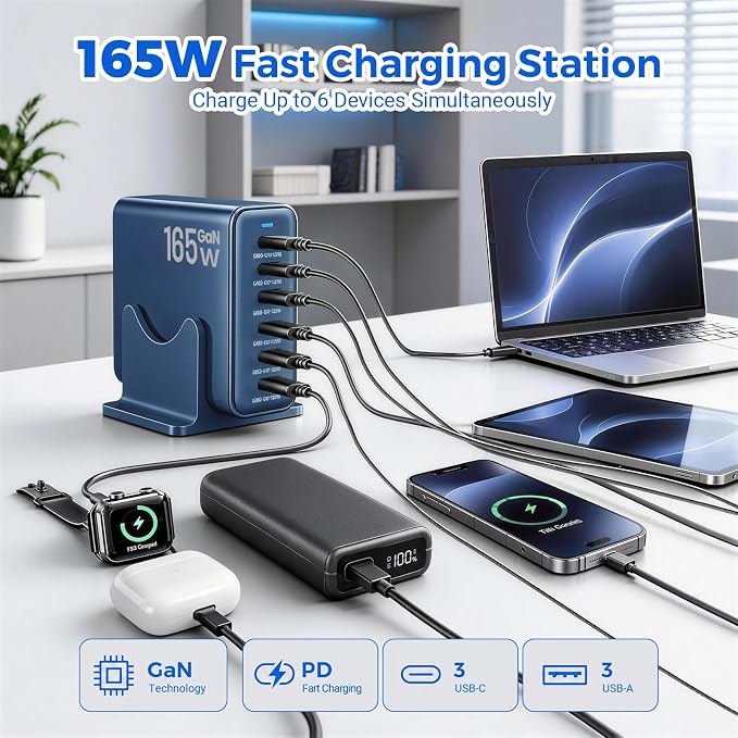 165W GaN Charging Station, 6-Port USB C & USB A Charger, Navy Blue | 165W GaN, 6-Port USB Charging Station, 3x40W USB-C + 3x15W USB-A, ABS+PC, Charge 6 Devices, Home Office Travel - Image 2