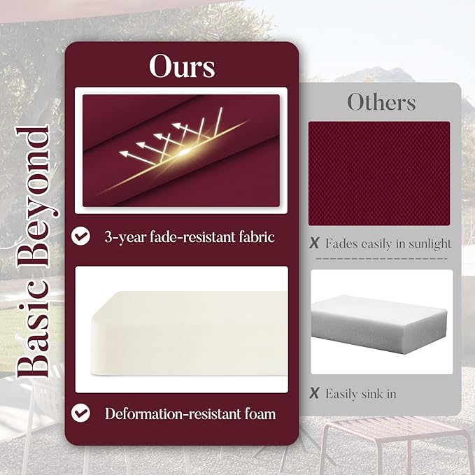 Basic Beyond Outdoor Chair Cushions for Patio Furniture, Waterproof Outdoor Seat Cushions Set of 4 19 x 19, Patio Chair Cushions Set of 4 with Ties and Handle, Burgundy - Image 2