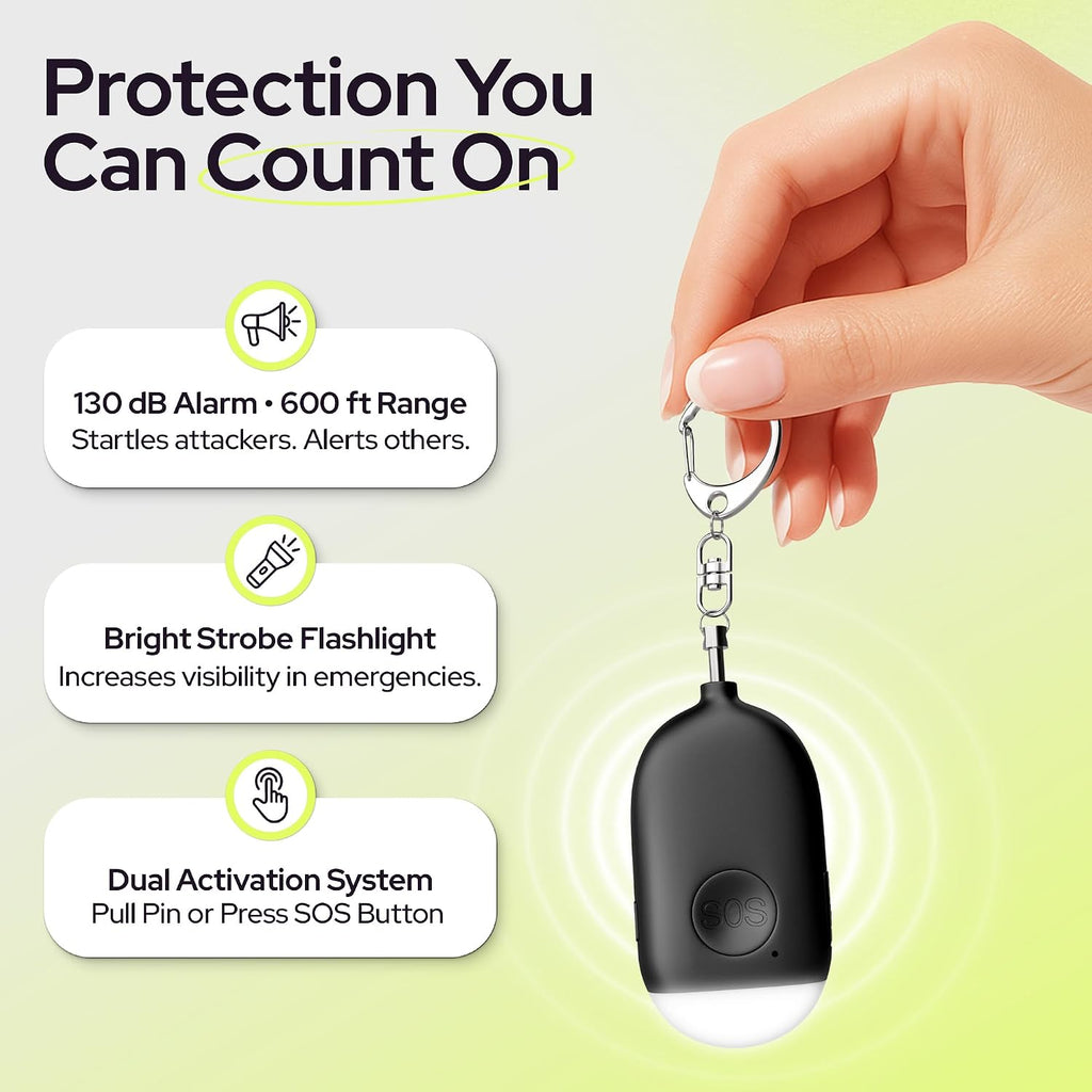Rechargeable Personal Alarm Keychain - 130dB Siren, LED Light - 3Pack Personal Safety Alert for Women to Carry - Panic Button Alarm for Security - Rape Whistle for Self Defense (Black&Pink&Blue) - Image 2