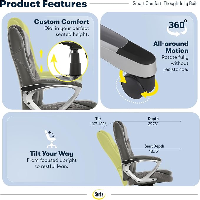 Serta Ergonomic Executive Office Chair, Padded Arms Mesh Back Leather Chair | Amplify, Contoured Lumbar Lower Back Support, Back Pain Relief, Adjustable Height & Tilt, Work From Home Desk Chair, Duo Gray - Image 7