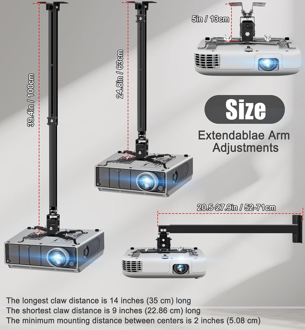 2-Be-Best Upgraded Long Projector Mount Height 25-39"/ 63-100CM Projector Ceiling Mount Adjustable Projectors Mounts for Ceiling Black - Image 4