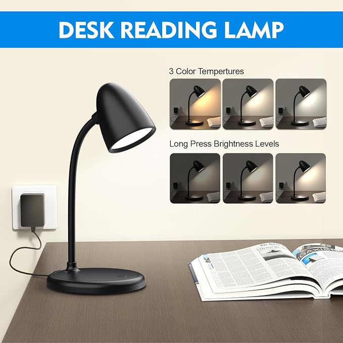 LED Desk Lamp for Home Office,Dimmable Table Lamp 3 Light Colors | Reading Light for Bedside Small Desk Lamp for College Dorm Room,Bedroom Desk Light,Black - Image 5