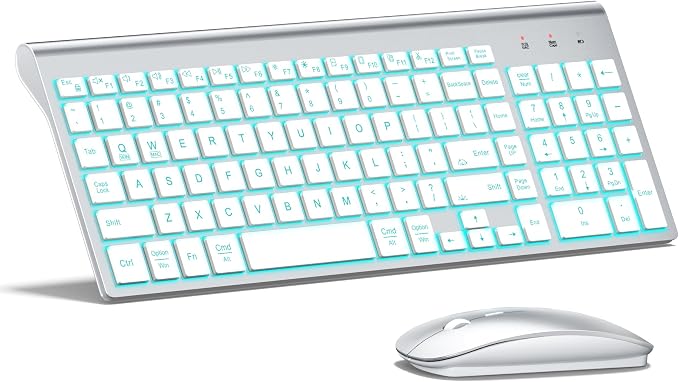 Wireless Backlit Keyboard and Mouse Ultra Slim Combo, TopMate -Silver White | 2.4G Silent Compact 2400DPI Mouse and Scissor Switch Keyboard Set, Batteries Included, for PC/Laptop/Windows/Mac/Gaming by TopMate