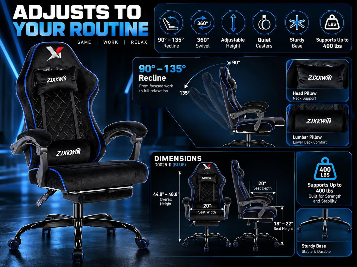 Reclining Gaming Chair, 400 lb Wide Seat with Footrest & Pocket Spring - Image 5
