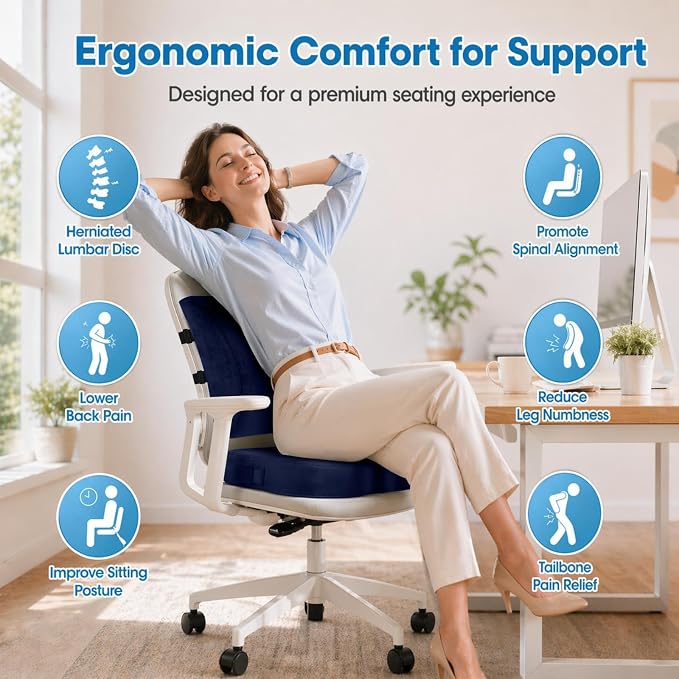 CloudBliss Ergonomic Seat Cushion & Lumbar Support Pillow Set, Blue, XL | Back Pain & Sciatica Relief, Memory Foam Support, Adjustable Straps, Machine Washable Velvet, Perfect for Office, Car, Gaming - Image 2