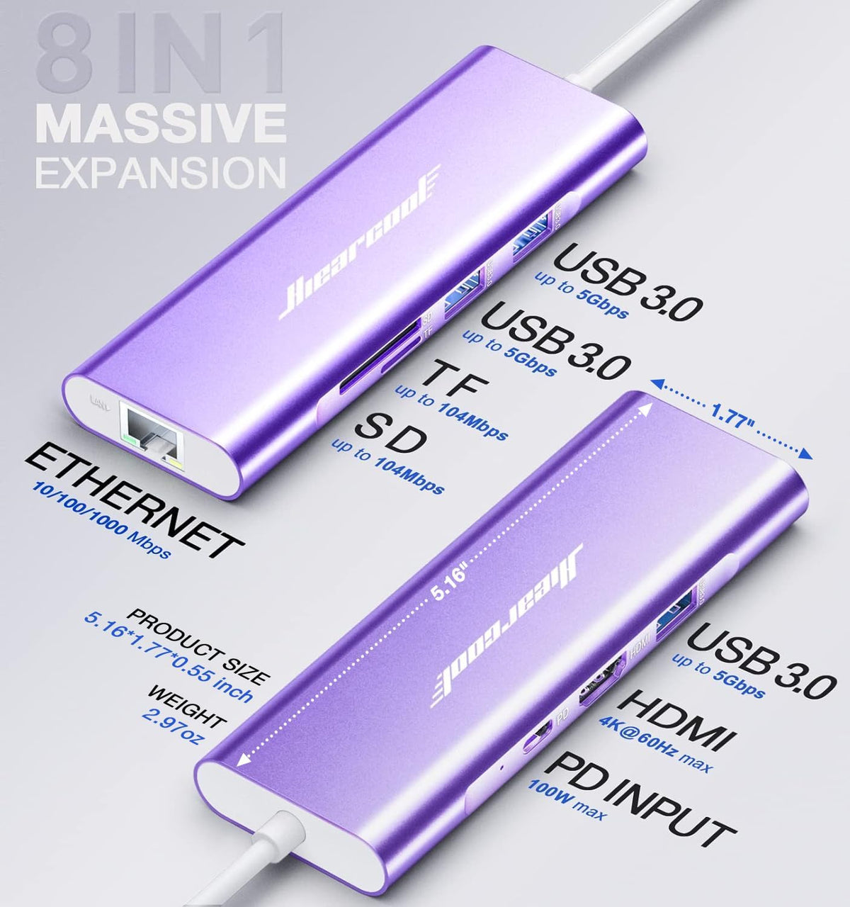 Hiearcool USB C Hub, USB C Dock, 4K@60Hz HDMI, 1Gbps Ethernet, Purple - Image 5