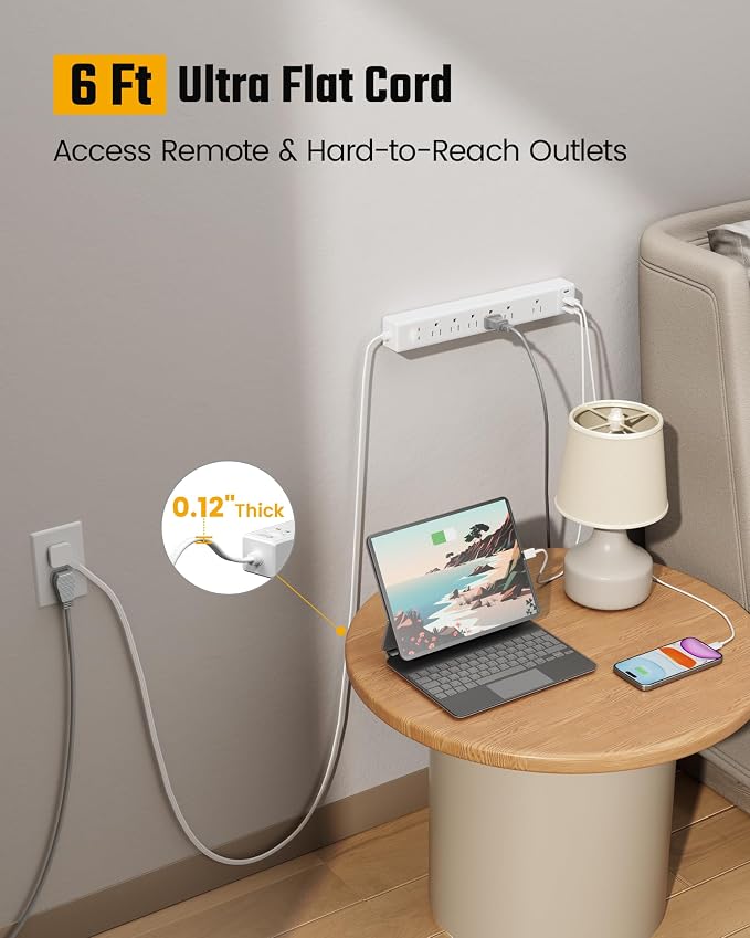SUPERDANNY 6Ft Thin Extension Cord, Flat Plug Surge Protector Power Strip | Charging Station with 6 Outlets & 3 USB Ports, Wall Mountable Outlet Extender for Home, Office, College Dorm Room Essentials - Image 4