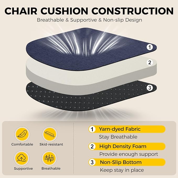 downluxe Indoor Chair Cushions for Dining Chairs, Soft and Comfortable Textured Foam Kitchen Chair Pads with Ties and Non-Slip Backing, 16" x 16" x 2", Navy, 6 Pack - Image 3