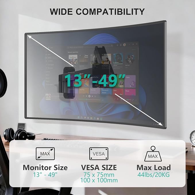 WALI Monitor Wall Mount for 13-49 inch Ultrawide Screens, up to 44 lbs | Heavy Duty Ultrawide Monitor Arm, Wall Mounted, Full Motion with Tilt, Swivel, Rotation, VESA 75/100mm (GSWM001-P), Black - Image 2