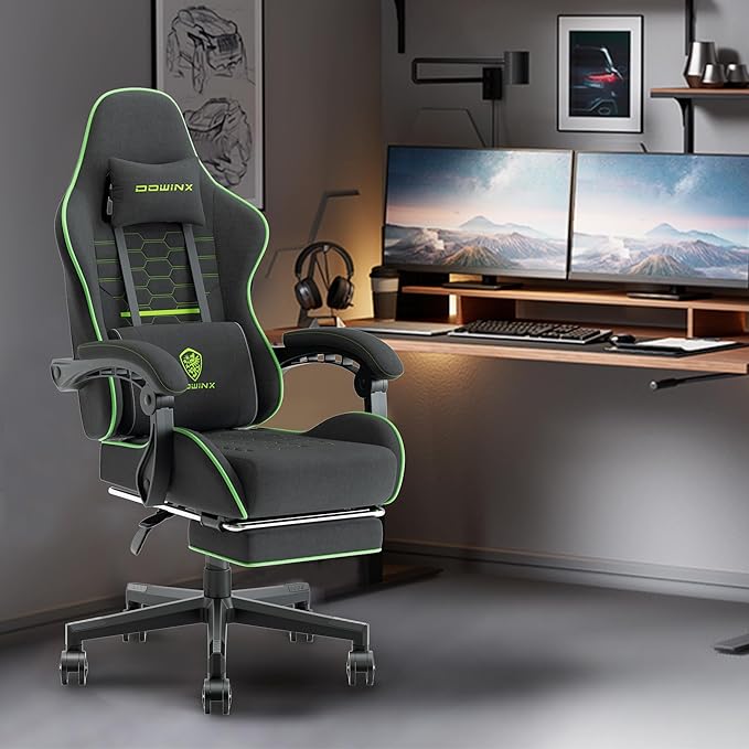 Dowinx Gaming Chair Fabric with Pocket Spring Cushion, Massage Game Chair Cloth with Headrest, Ergonomic Computer Chair with Footrest 290LBS, Black Green - Image 2