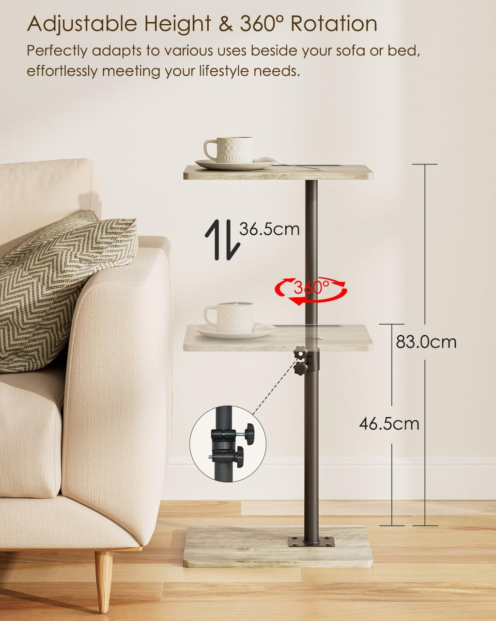Sofa Arm Tray Table - 360° Swivel Height Adjustable End Table, Small Snack Side Table for Couch, C Shaped Table for Bed, Chair or TV Tray Table(Greige) - Image 3