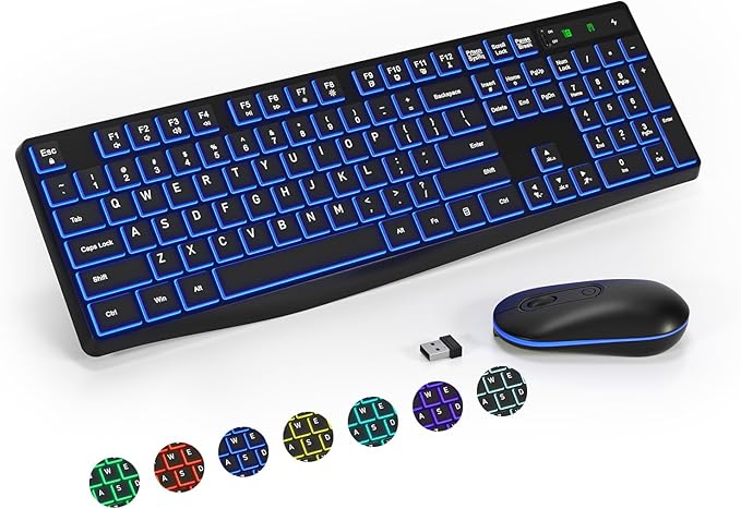 Wireless Keyboard and Mouse Combo, Lovaky 2.4G Full-Sized Ergonomic Keyboard Mouse, 3 DPI Adjustable Cordless USB Keyboard and Mouse, Quiet Click for Computer/Laptop/Windows/Mac (RGB Rainbow, 1 Pack) | Backlit, Low profile Keys, 3 DPI Adjustable, 2.4G ... by LovakyOfficeExpert