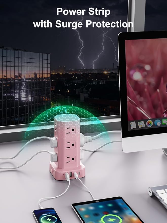 Power Strip Tower Surge Protector, 6FT Flat Plug Extension Cord with Multiple Outlets, 12 AC Outlets 4 USB (2 USB C), Desktop Charging Station with Surge Protection for Home Office Dorm Room, Pink - Image 8