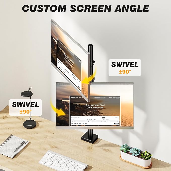 5Rcom Vertical Dual Monitor Mount, Stacked Monitor Stand for 2 Monitors with Height Adjustment, Computer Monitor Arm Supports Two 17 to 35 Inch with C Clamp & Grommet Desk Mount, Each Hold up to 27lbs - Image 4