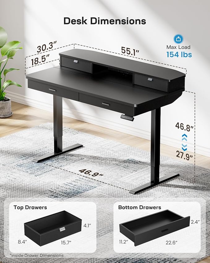 HUANUO 55 x 30 inch Electric Standing Desk with 2 Wood Drawers, Adjustable Height Sit Stand Desk for Home Office, Ergonomic Stand up Desk with 4 Memory Presets, 176 lbs Capacity, Black Top - Image 3