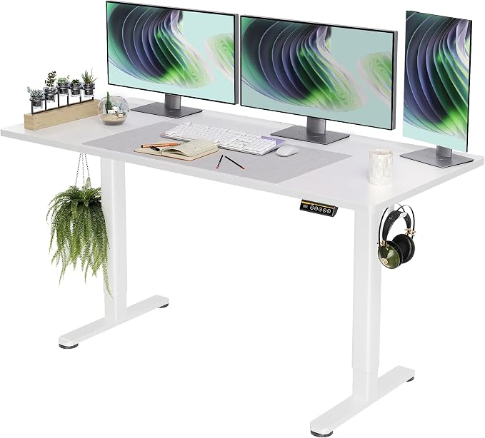 Claiks Electric Standing Desk, Adjustable Height Stand up Desk, 63x24 Inches Sit Stand Home Office Desk with Splice Board, White Frame/White Top by CLAIKS