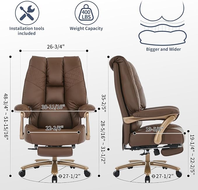 EXCEBET Big and Tall Executive Office Chair with Footrest, 400LBS Capacity Ergonomic High-Back Desk Office Chair with Lumbar Support, Padded Armrests & Thick Cushion, Brown PU Leather Chairs - Image 2