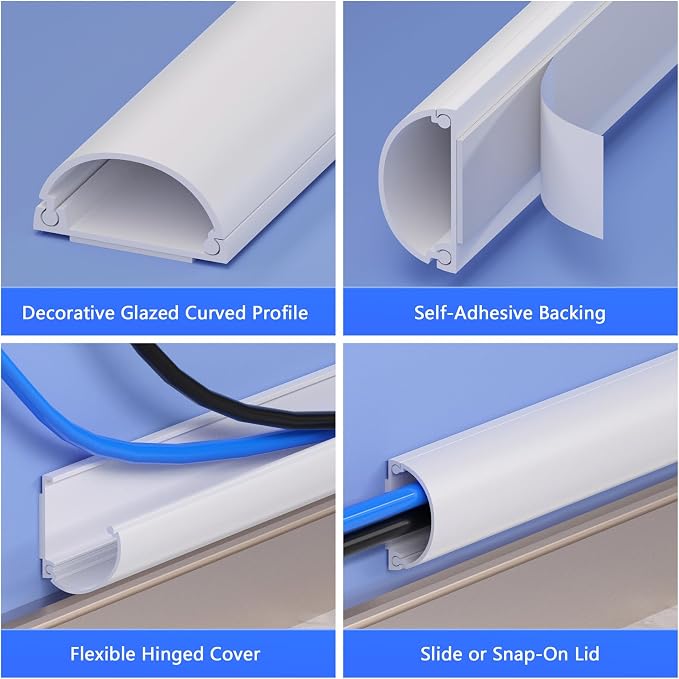 ZhiYo 34in Cord Hider for 2-3 Wall-Mounted TV Wires, 1.2"W x 0.55"H, White | Split-Hinge Design for Easy Installation, Half-Round Glazed Finish Ideal for Wall/Baseboard, Self-Adhesive, 2 Pack (17" Each) - Image 4