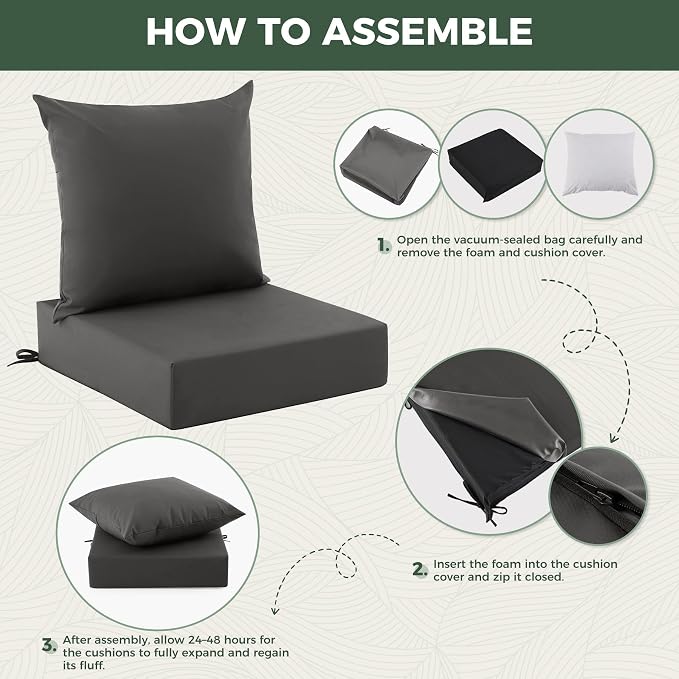 Outdoor Cushions for Patio Furniture, Outdoor Seat Cushion Set 24 x 24 x 5.75 in, Waterproof & Fade Resistant Outdoor Chair Cushions, Patio Cushion with Removable Cover, Set of 4, Dark Grey - Image 6
