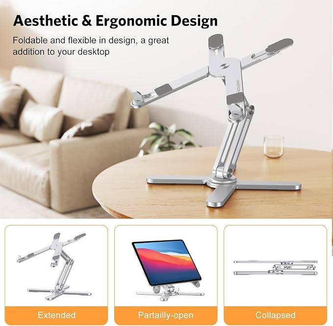 OMOTON LA10 360° Rotating Laptop Stand Riser Foldable for Desk, Silver | Aluminium Aolly, Adjustable Height Angles, Collaborative Work, Easy Storage, Fits Laptops up to 17", for MacBook Pro/Air HP - Image 3