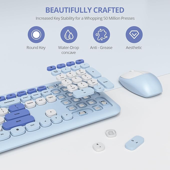 surmen Blue Keyboard and Mouse Wireless, Cute Wireless Typewriter, Full Size Slim Silent Keyboard Round Keys Aesthetic for Home and Office(Colorful Blue) - Image 3
