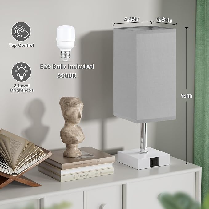 Touch Table Lamp for Bedroom - Dimmable, USB C+A, Grey Lamphade White Base | 3-Way Dimmable, 3000K LED Bulb Included, Square Lampshade, Cute Room Decor for Teen Girls, Kids, Small Lamp for Dorm, Nursery - Image 2