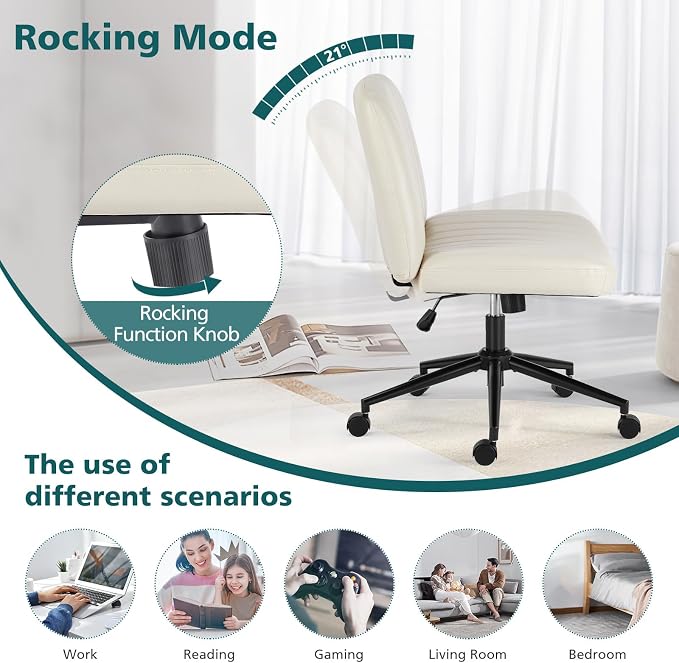 OLIXIS Criss Cross Chair with Wheels, Vanity Chair, Home Office Desk | Wide Seat Armless, Faux Leather, Height Adjustable Swivel Rolling, Home Computer Task Seating for Bedroom Study, Beige PU - Image 8