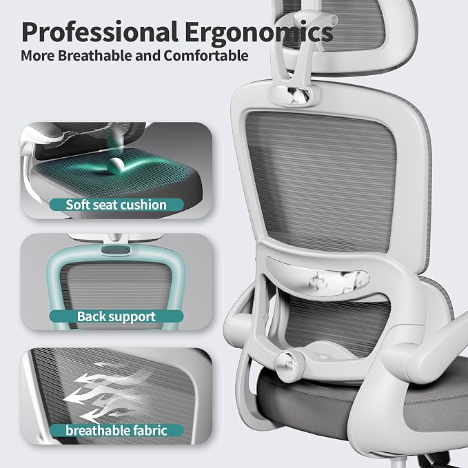 TRALT Office Chair Ergonomic Desk Chair - Gaming Chair with Lumbar Support (6, White) | 330 LBS Home Office Desk Chairs with Headrest, Reading Chair with Flip-up Armrests, Comfortable Computer Chairs (6, White) - Image 4