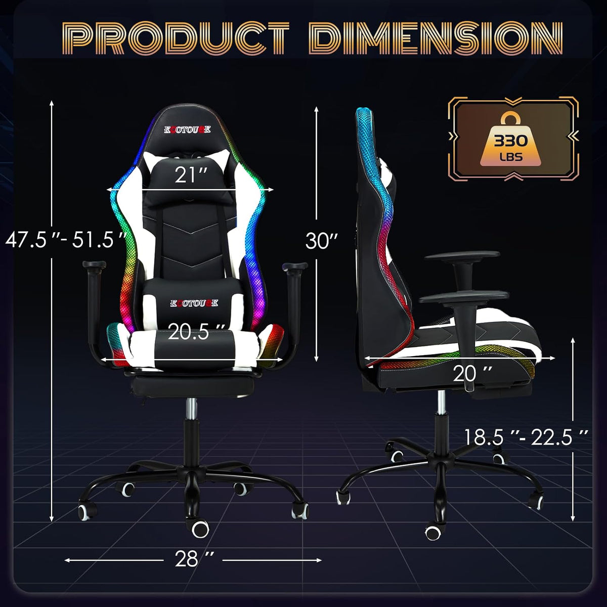 Racing Style RGB LED Lights Gaming Chair with Footrest - Image 3