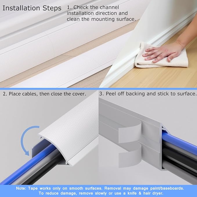 ZhiYo 68in Corner Cable Hider, Floor Cord Cover for 3-5 Cords, White | Self-adhesives Wire Hider for Baseboard/Wall, 4 Pack (17" Each), Quarter Round Cable Management Raceway, 0.8in H x 1.8in W - Image 5