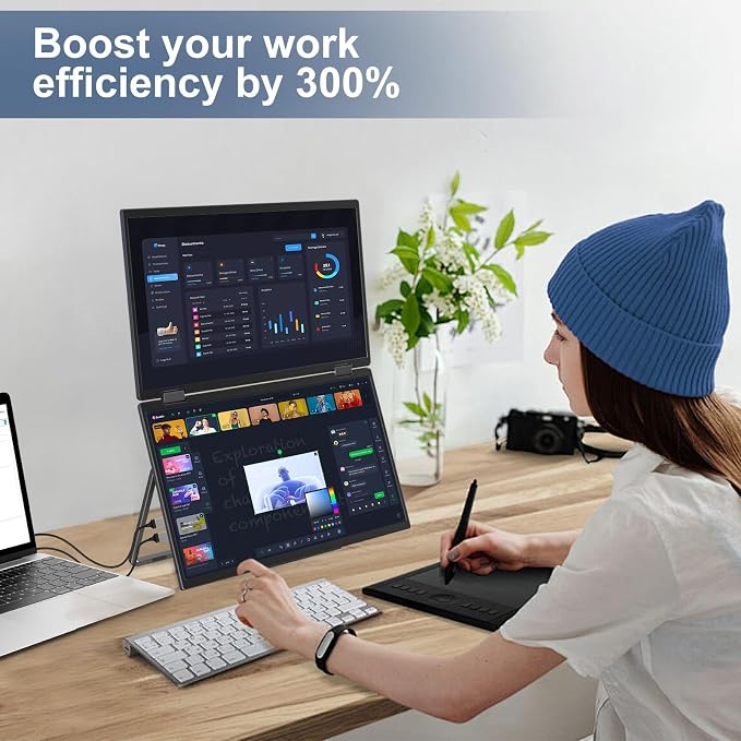 InnoView Portable Dual Monitor 15.6" 1920x1080 Dual Stacked Foldable Monitor | 315° Screen Adjustment | USB-C/HDMI Second Monitor for Laptop, Mac, Windows - Image 7