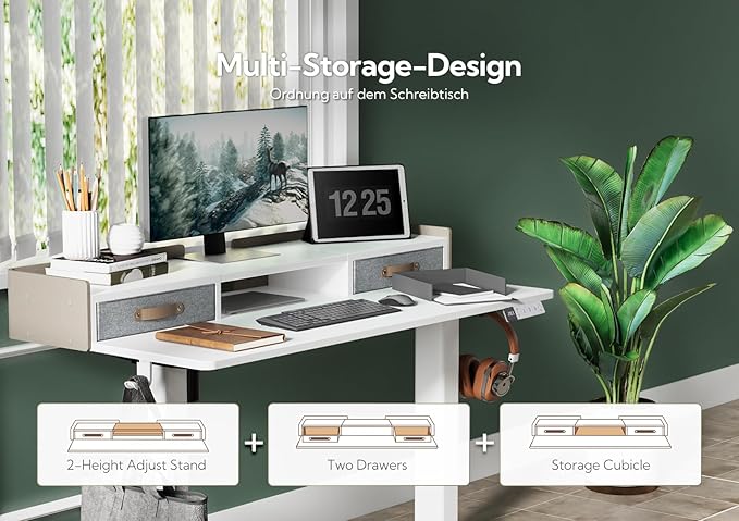 Claiks Standing Desk with Drawers & Wheels, 2 Height Shelf 48inch White | 2 height adjust shelf, tabletop drawers, felt fence design, sturdy supports 176 lbs, 4 wheels, 2 tire monitor stand - Image 4