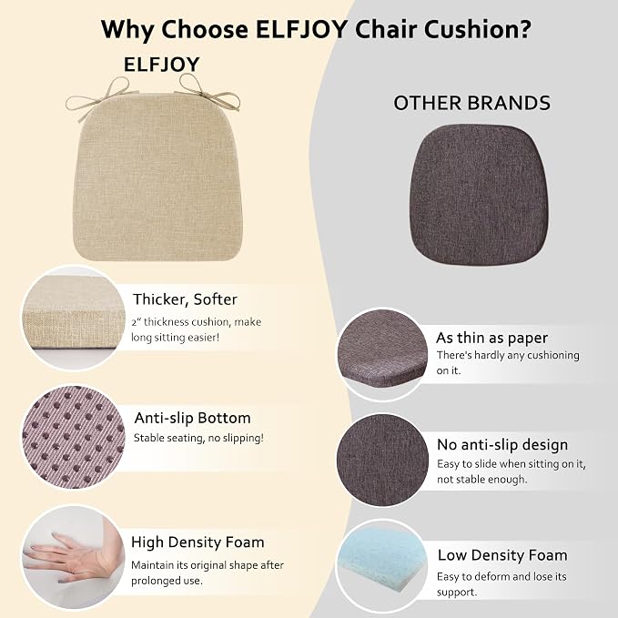 ELFJOY Non-Slip Chair Cushions for Dining Chairs Beige 16.7"x16" | 4 Pack, with Ties and Washable Cover, U Shape, Breathable Fabric, for Kitchen Dining Office Folding Chairs，Comfortable - Image 8