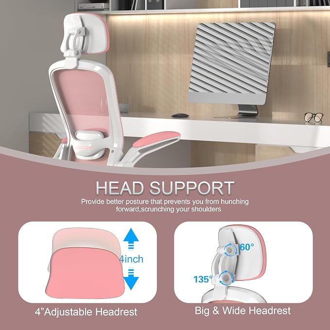Mimoglad Office Chair, High Back Ergonomic Desk Chair with Adjustable Lumbar Support and Headrest, Swivel Task Chair with flip-up Armrests for Guitar Playing - Image 4