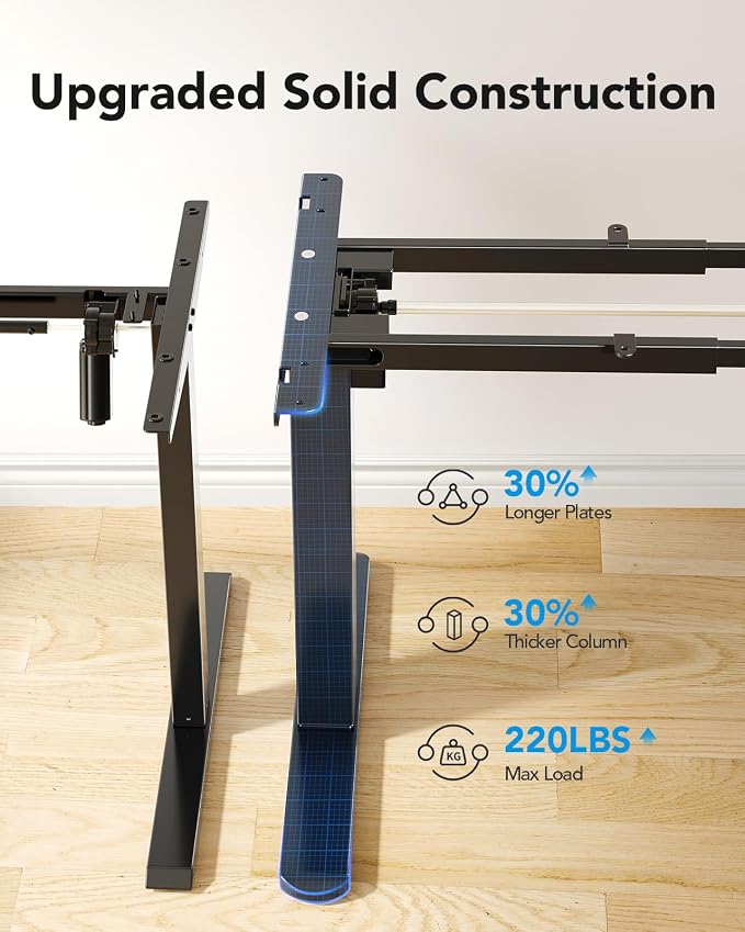 HUANUO Electric Standing Desk Frame with Double Crossbeam,Black Frame Only | Fits Max 35.4″ x 86.6″ Tops,Brushless Motor,220 lbs Capacity,4 Memory Heights,30% Thicker Legs,quiet operation - Image 7