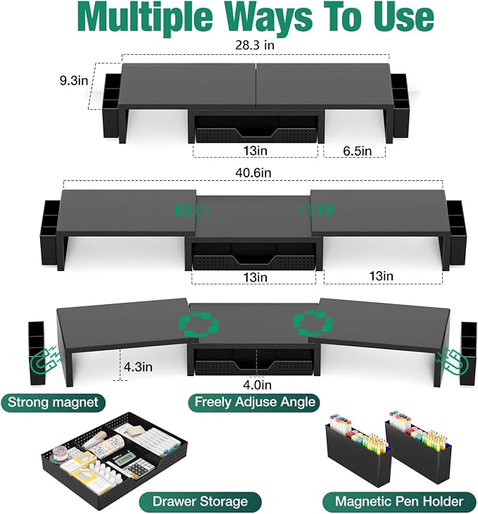 Desk Organizer and Accessories, Dual Computer Monitor Stand Riser with Drawer and 2 Pen Holders, Laptop Stand, Office Desk Accessories for Office Supplies, Black - Image 2