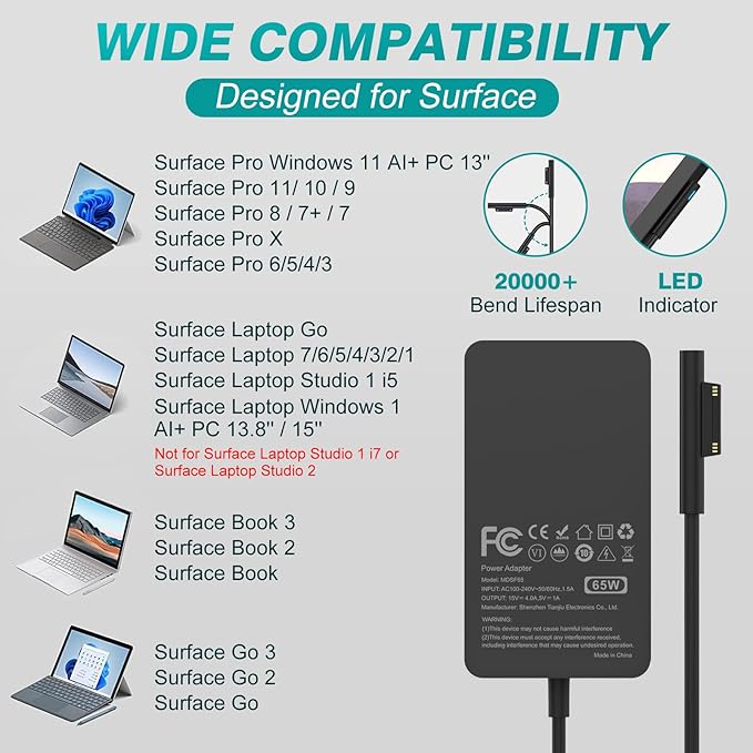 65W Charger Compatible with Microsoft Surface Pro 11, 10, 9, 8, 7+, 7, 6, 5, 4, 3, X, Power Adapter for Windows Surface Laptop 7/6/5/4/3/2/1, Go Tablet, Book 3/2/1, Support 44W, 36W, LED, 10FT - Image 2