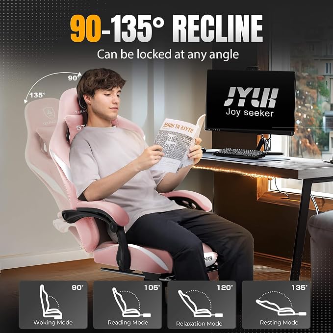 GTPLAYER Gaming Chair with Foot Rest & Pocket Spring Cushion, Ergonomic High Back Computer Desk Chair with Headrest & Lumbar Support for Back Pain Relief, Breathable Fabric, Pink - Image 7