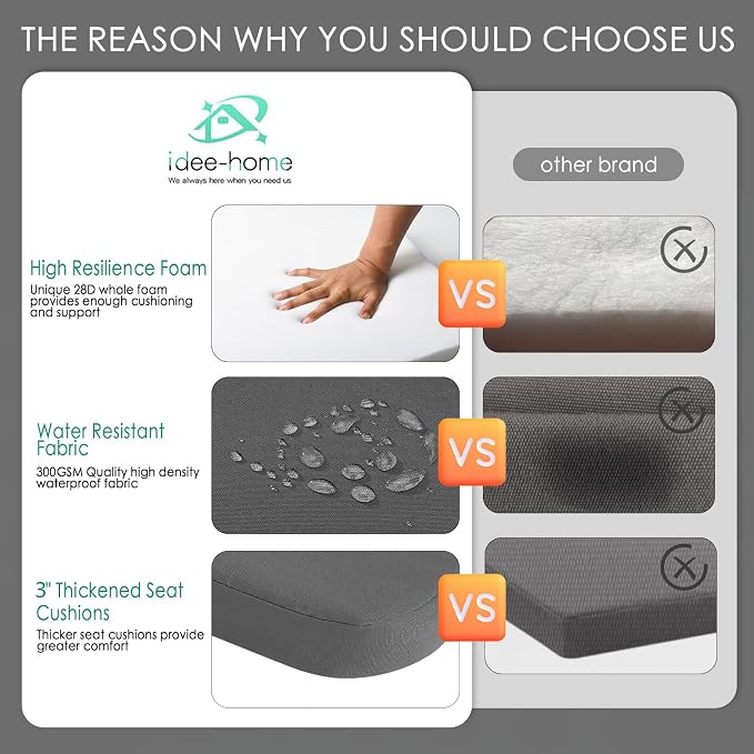 idee-home Outdoor Chair Cushions Set of 4, 19" x 19" D-Shaped | Thick Outdoor Seat Cushions Waterproof Patio Furniture with Ties Dining Pads - Image 3