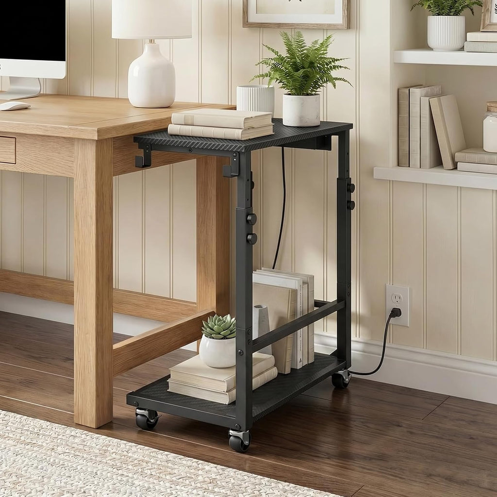MAHANCRIS Side Table with Charging and Hooks, Rolling Couch Table, Black - Image 2